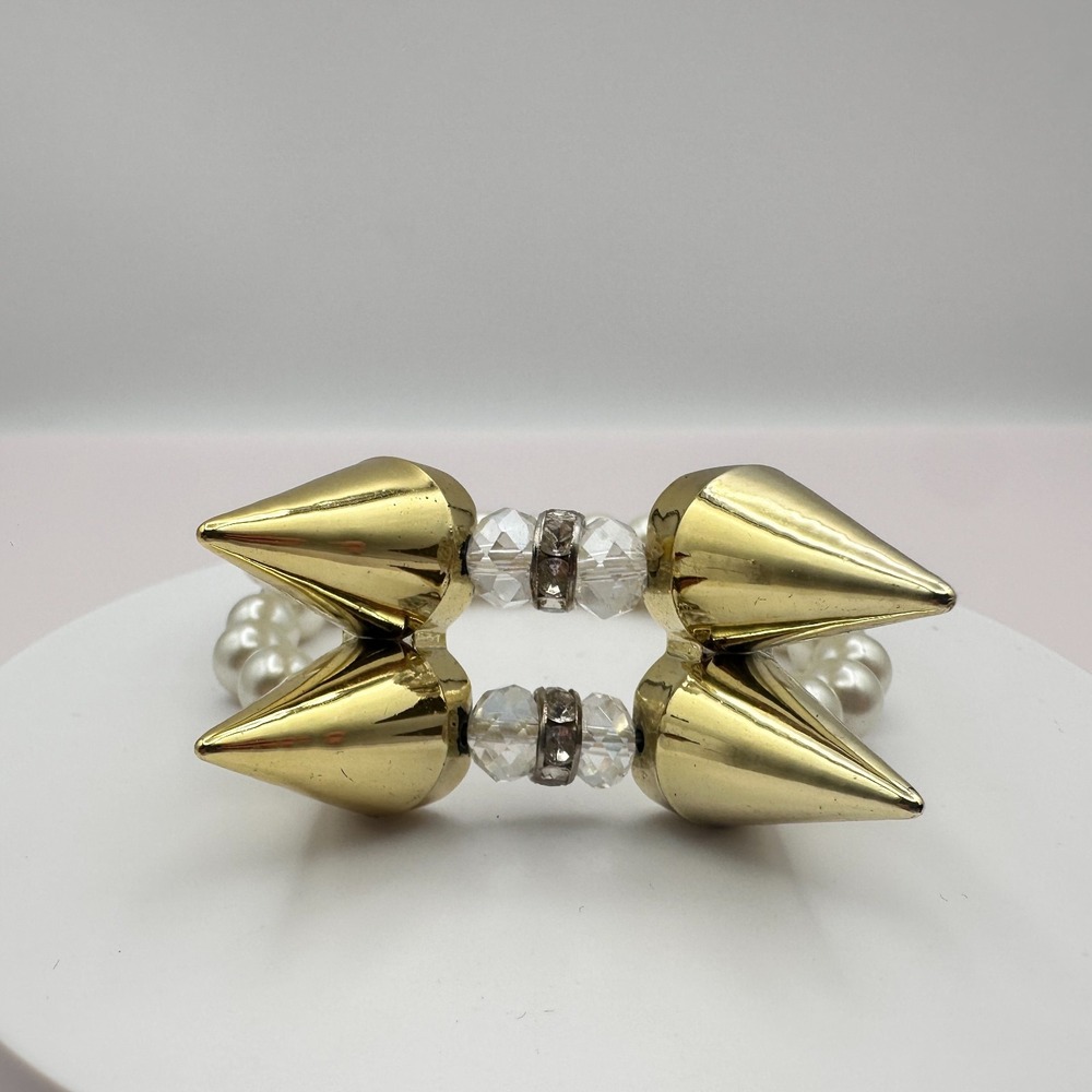 Vintage Y2K Spike Gold Tone Faux Pearl Rhinestone Stretch Bracelet Boho